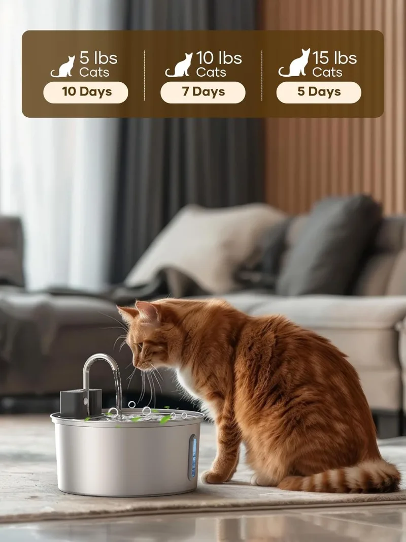 3.2L Wireless Stainless Steel Cat Water Fountain With 4000mAh Battery &amp; Sensor Automatic Filtration Pet Water Drinker Dispenser